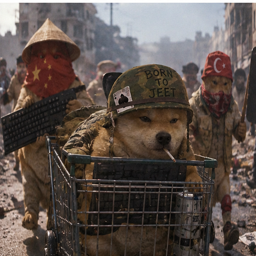 Helmeted Shiba Inu in a shopping cart, caught between meme soldiers