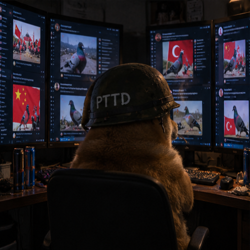 Dog in front of many computer monitors with meme content